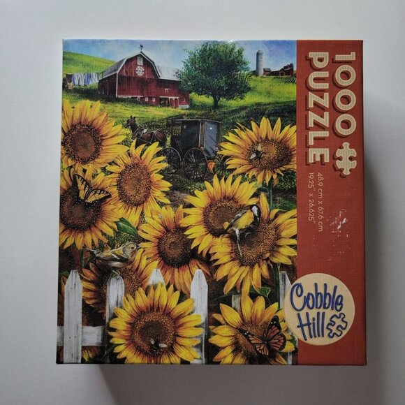 Cobble Hill Sunflower Puzzle Country Paradise Tom Wood Bord Barn Garden Amish - Picture 1 of 7